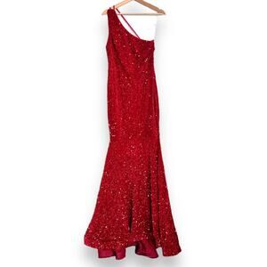 Faeriesty Red Sequin Velour Floor Length Mermaid One Shoulder Gown Women's M/L
